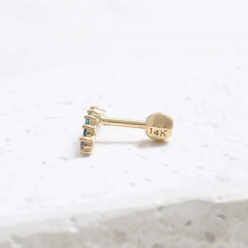 14K 18K Solid Gold Rainbow Cz Curved Bar Ear Stud Cartilage Tragus Helix Barbell Piercing