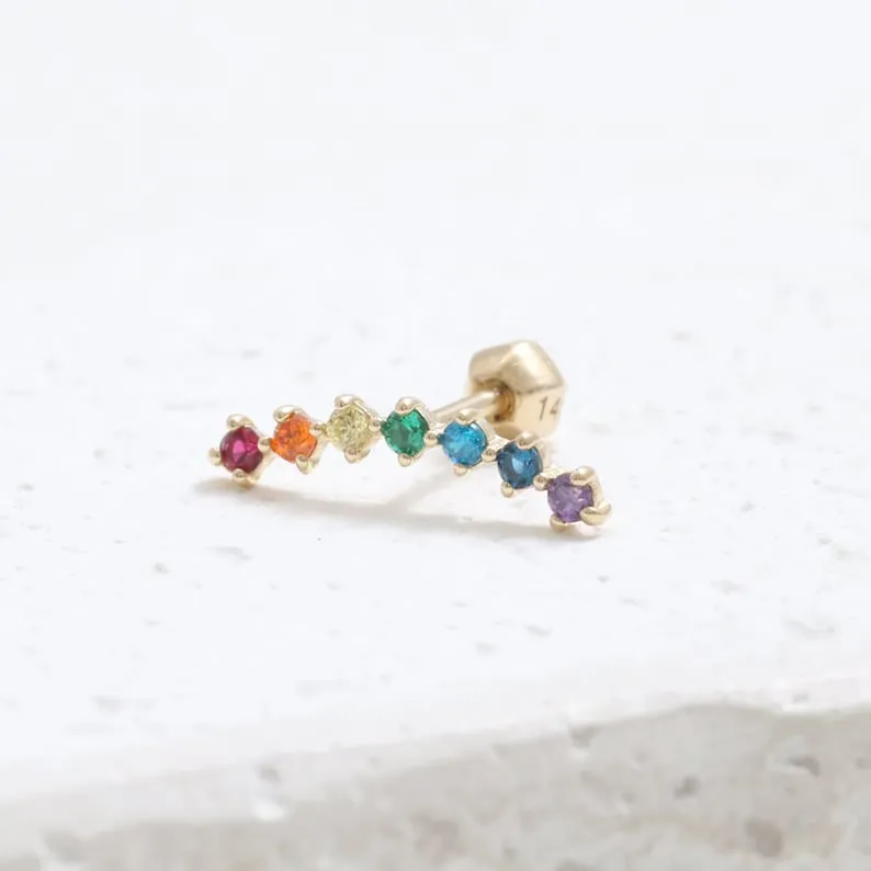 14K 18K Solid Gold Rainbow Cz Curved Bar Ear Stud Cartilage Tragus Helix Barbell Piercing