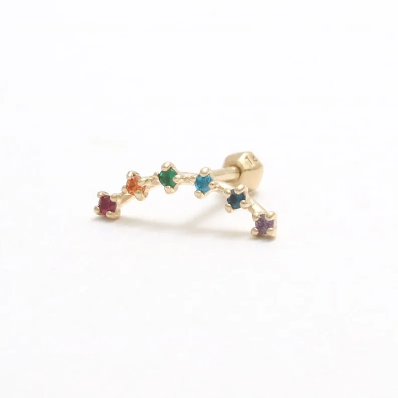 14K 18K Solid Gold Rainbow Cz Curved Stick Bar Ear Stud Cartilage Tragus Helix Barbell Piercing