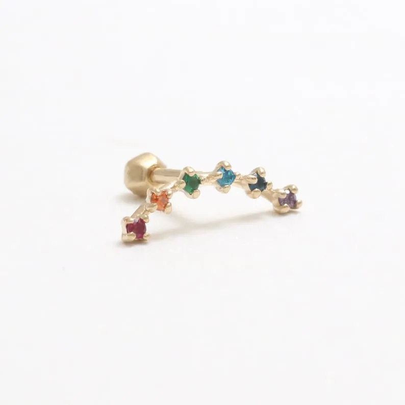 14K 18K Solid Gold Rainbow Cz Curved Stick Bar Ear Stud Cartilage Tragus Helix Barbell Piercing