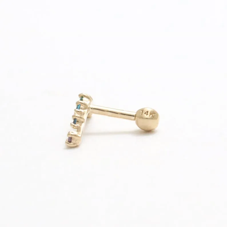 14K 18K Solid Gold Rainbow Cz Curved Stick Bar Ear Stud Cartilage Tragus Helix Barbell Piercing