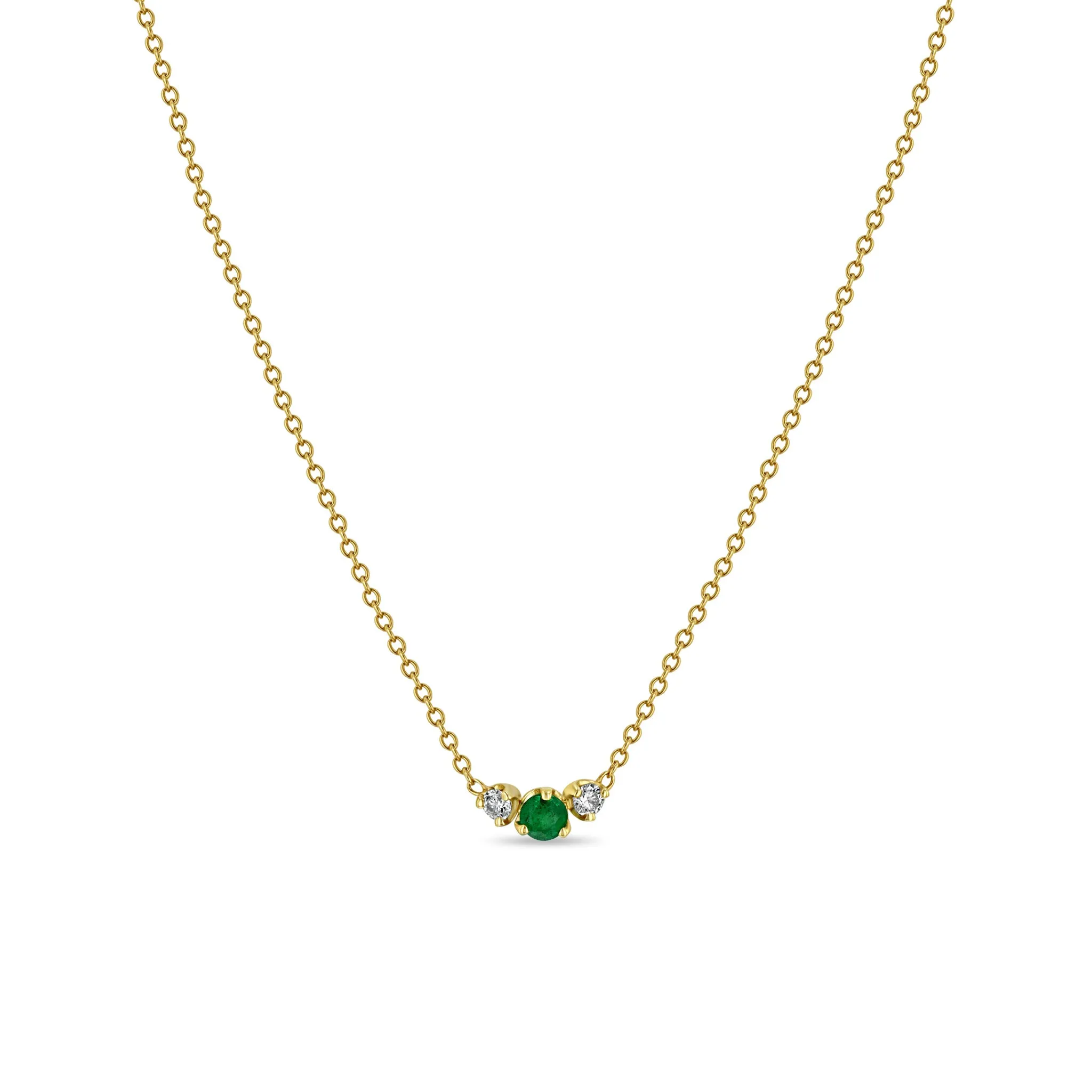 14k Mixed Prong Emerald & Diamond Trio Necklace