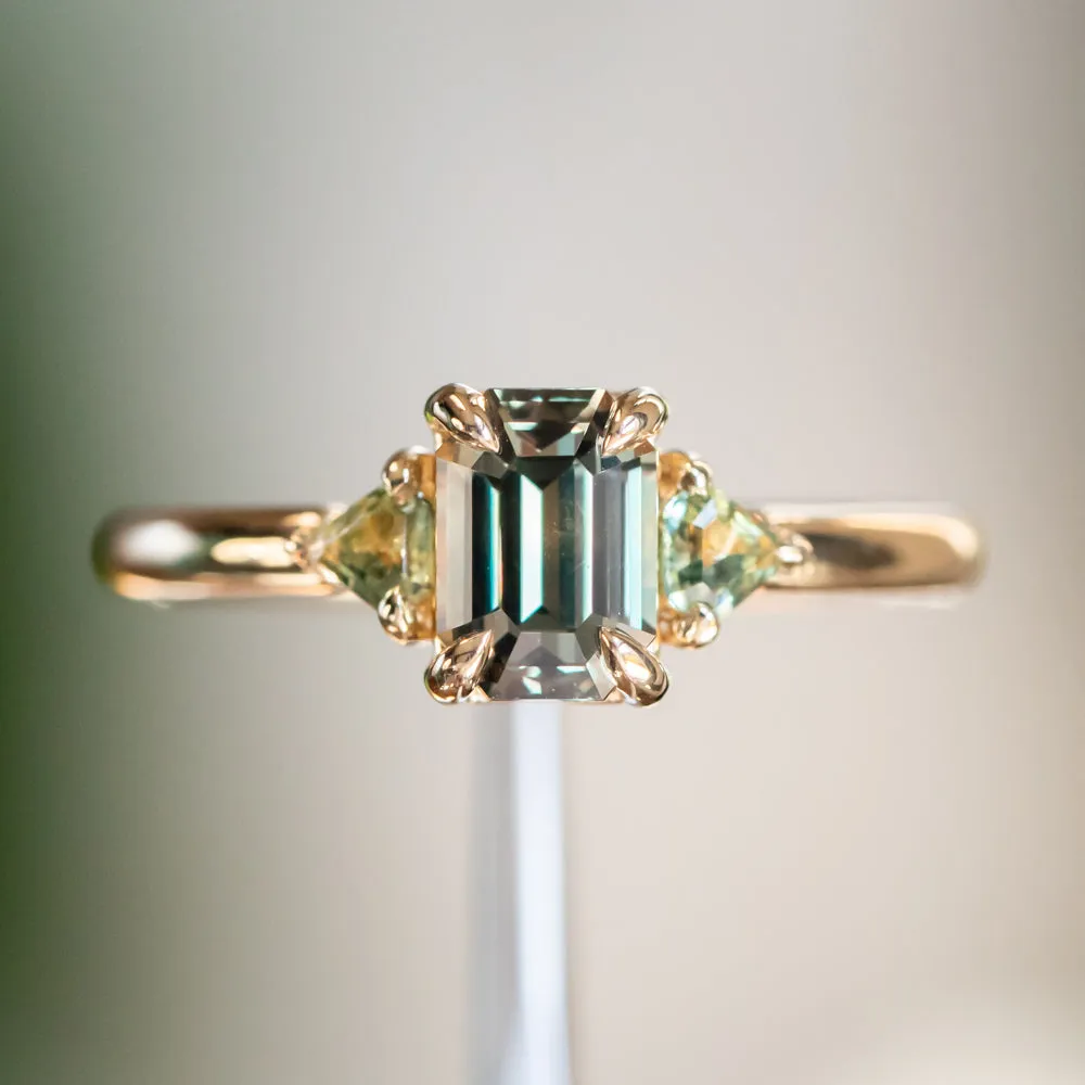 1.56ct Emerald Cut Tanzanian Sapphire and Parti Sapphire Shield Three Stone Ring in 14k Yellow Gold