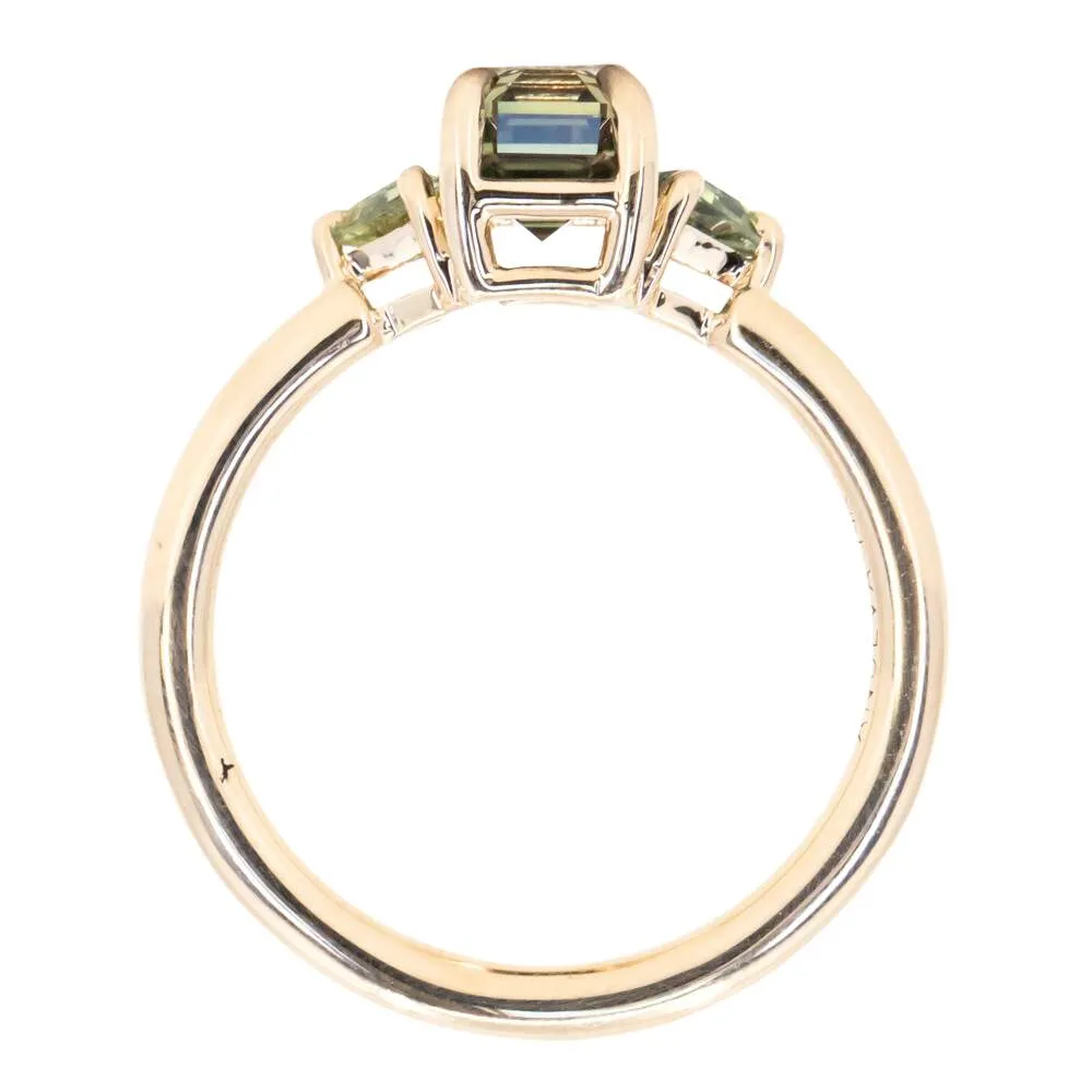 1.56ct Emerald Cut Tanzanian Sapphire and Parti Sapphire Shield Three Stone Ring in 14k Yellow Gold