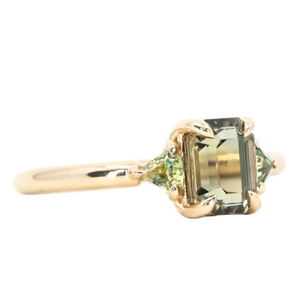 1.56ct Emerald Cut Tanzanian Sapphire and Parti Sapphire Shield Three Stone Ring in 14k Yellow Gold