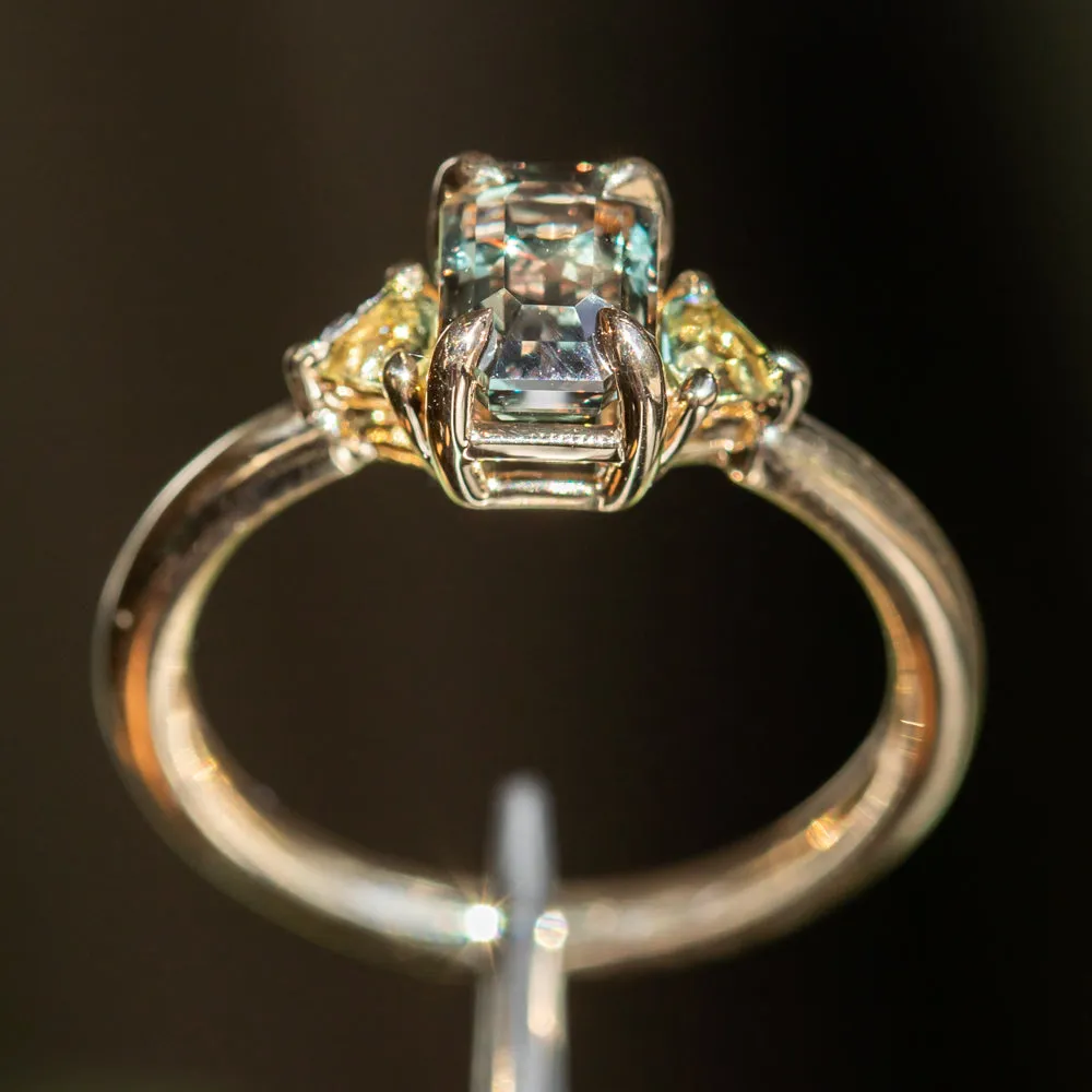 1.56ct Emerald Cut Tanzanian Sapphire and Parti Sapphire Shield Three Stone Ring in 14k Yellow Gold