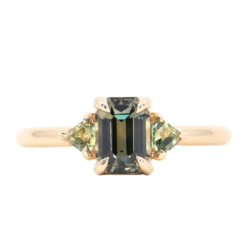 1.56ct Emerald Cut Tanzanian Sapphire and Parti Sapphire Shield Three Stone Ring in 14k Yellow Gold