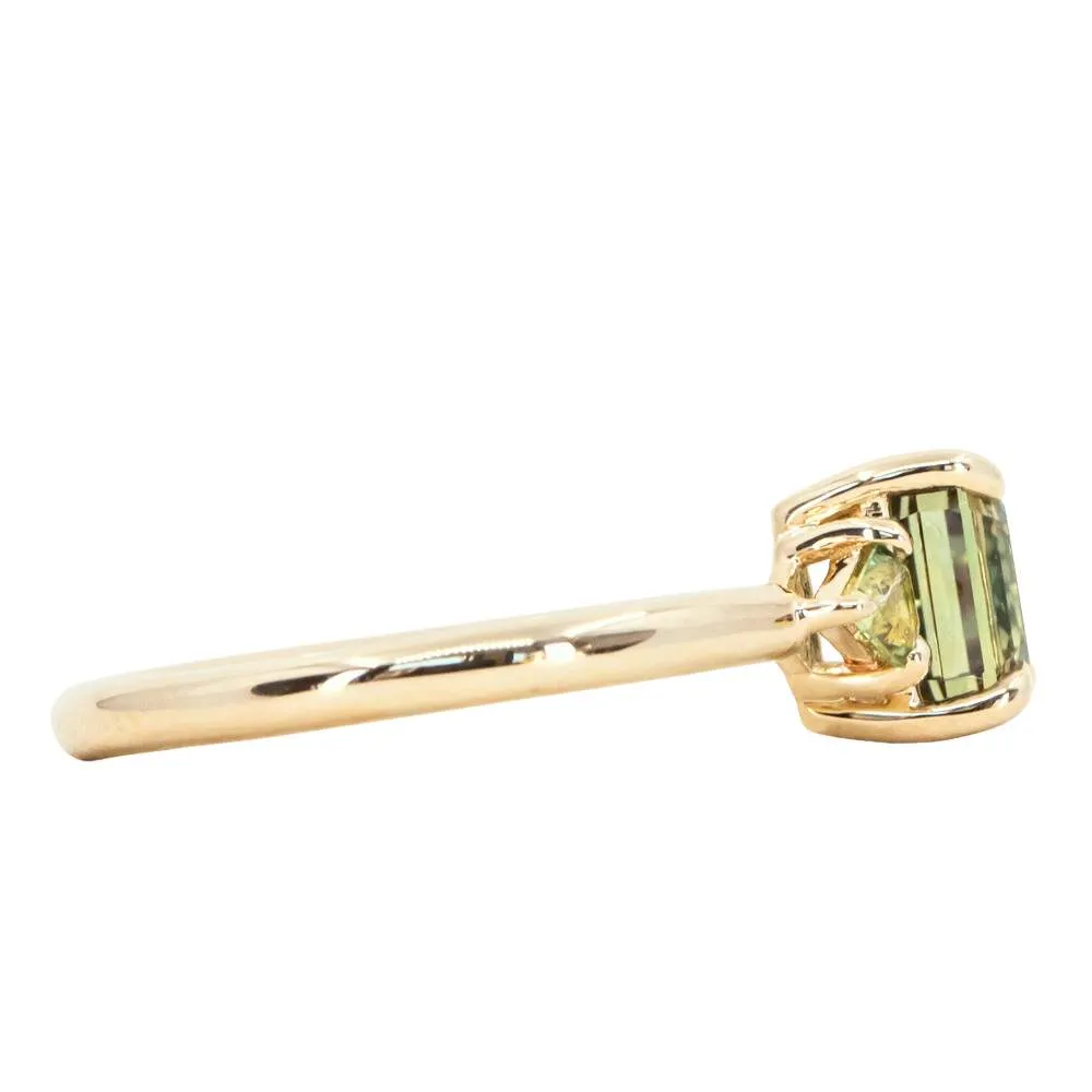 1.56ct Emerald Cut Tanzanian Sapphire and Parti Sapphire Shield Three Stone Ring in 14k Yellow Gold