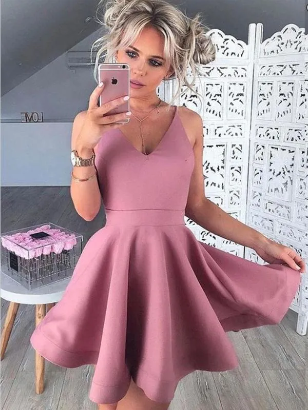 A-Line V-Neck Sleeveless Blush Satin Short Homecoming Dresses ,BDY0270