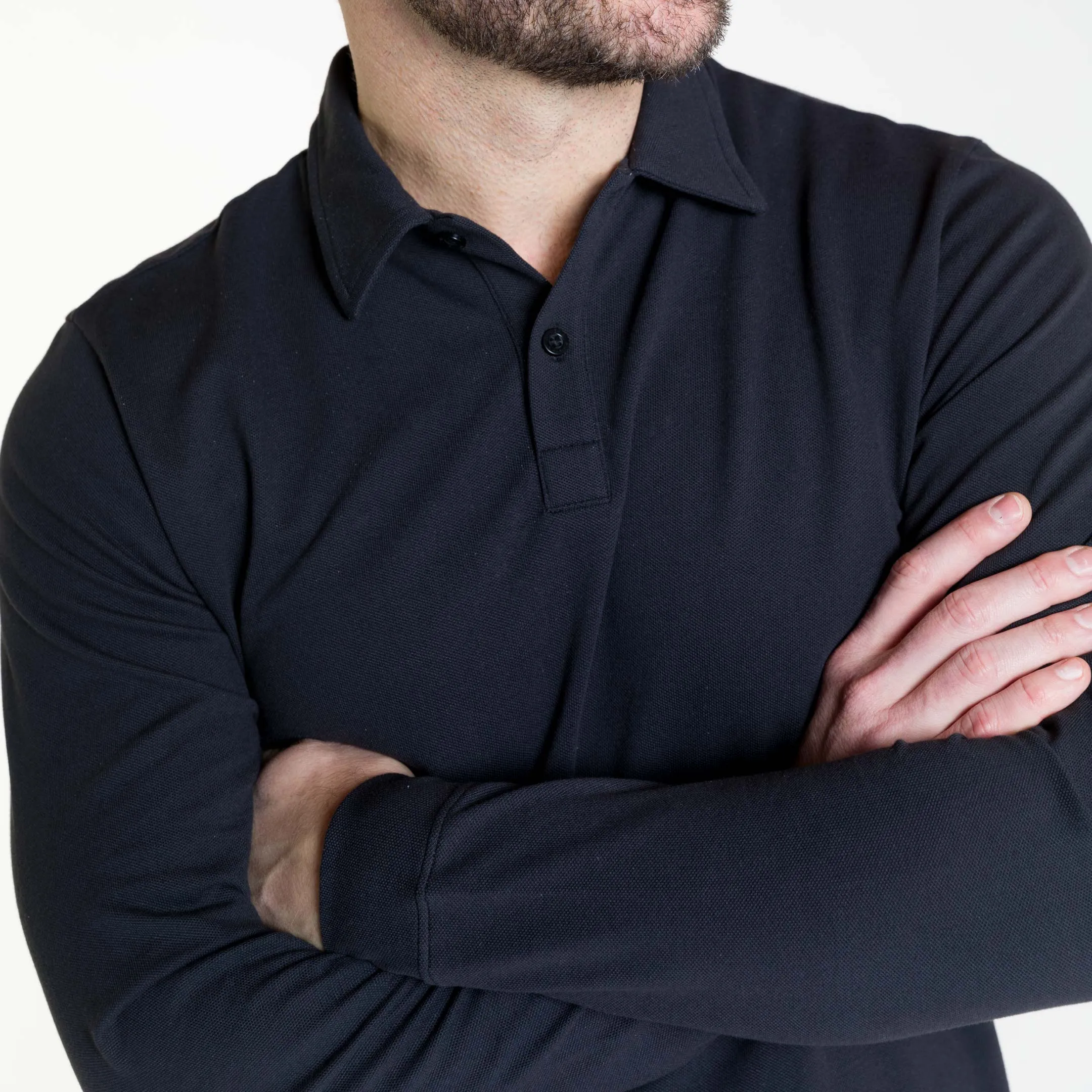 Black Pique Long Sleeve Polo