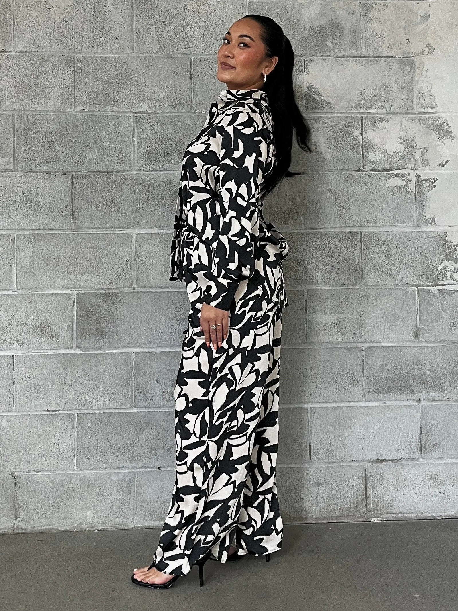 BLACK TAPE Printed Satin Button Up and Wide Leg Pant Set