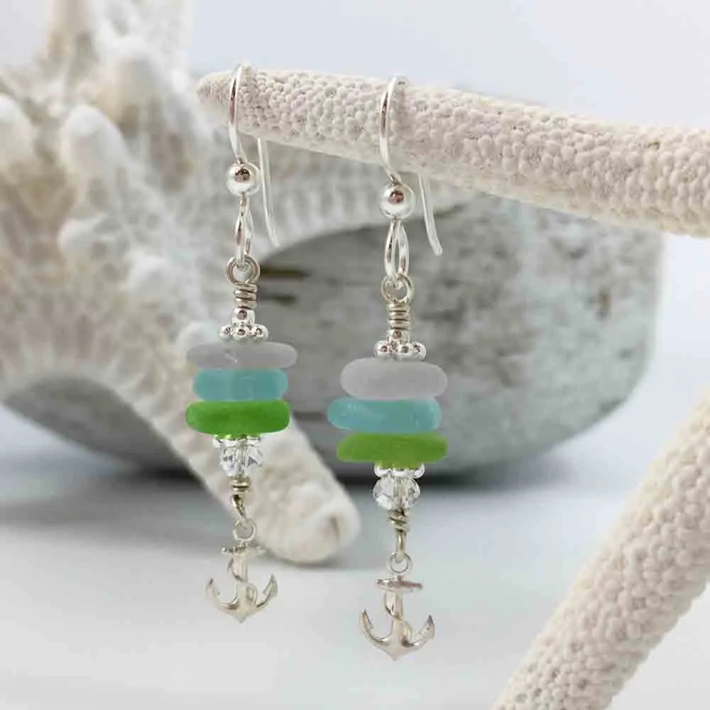 Bright Pastels Sea Glass Sea Stack Earrings with Tiny Anchor Charms | #3007