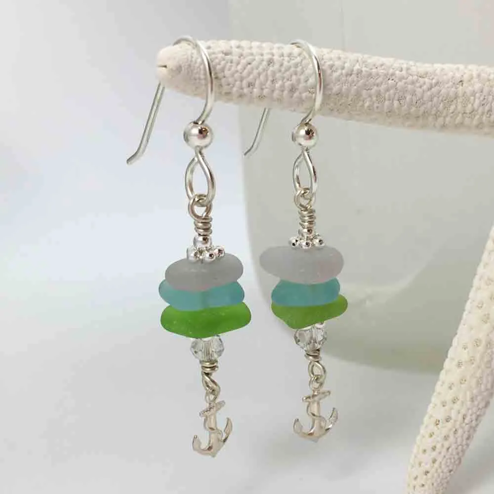 Bright Pastels Sea Glass Sea Stack Earrings with Tiny Anchor Charms | #3007