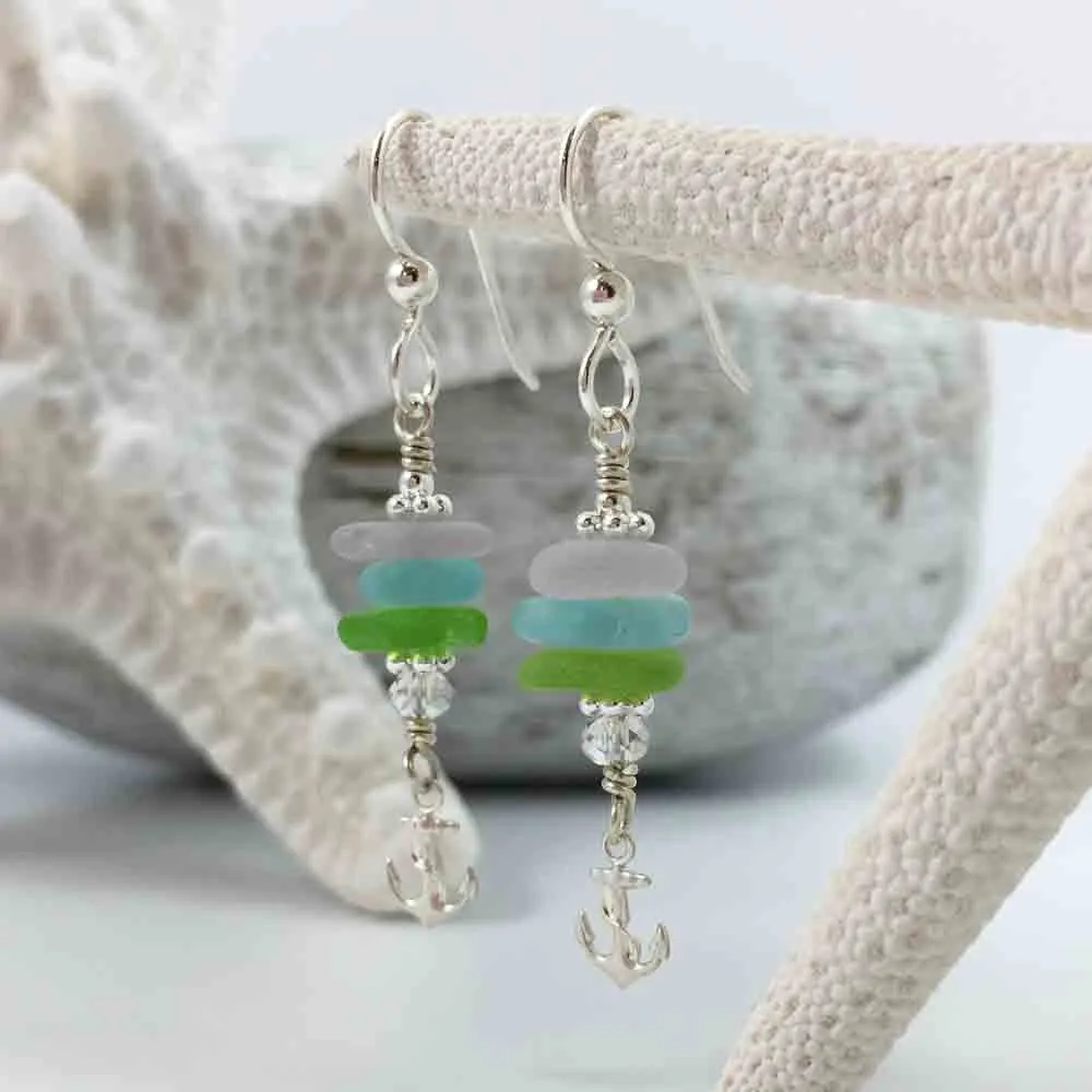 Bright Pastels Sea Glass Sea Stack Earrings with Tiny Anchor Charms | #3007