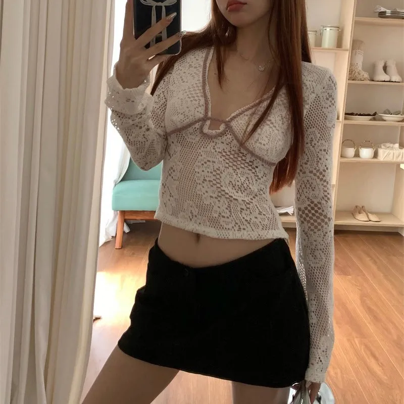 Cream Net Long Sleeve Top