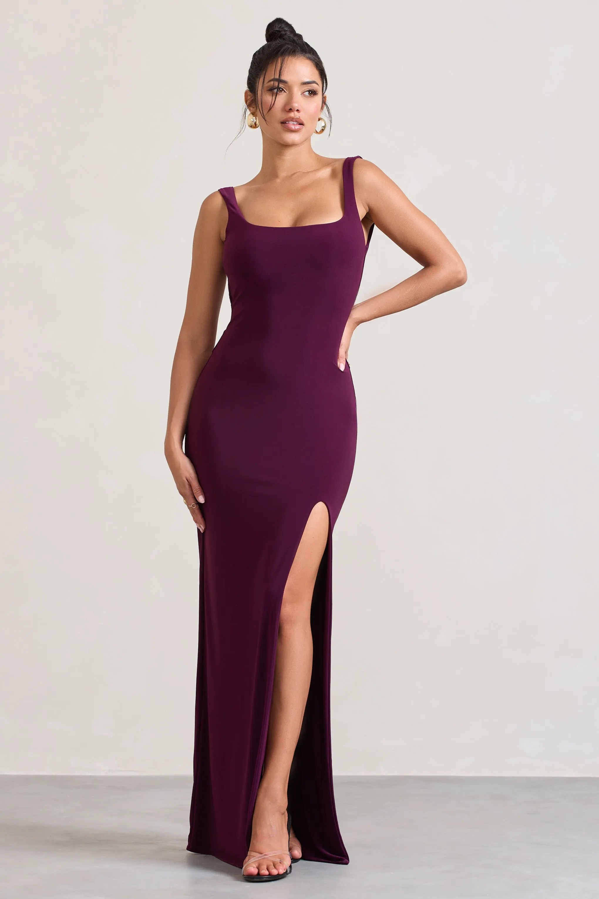 Elle | Plum Square-Neck Open-Back Split Maxi Dress