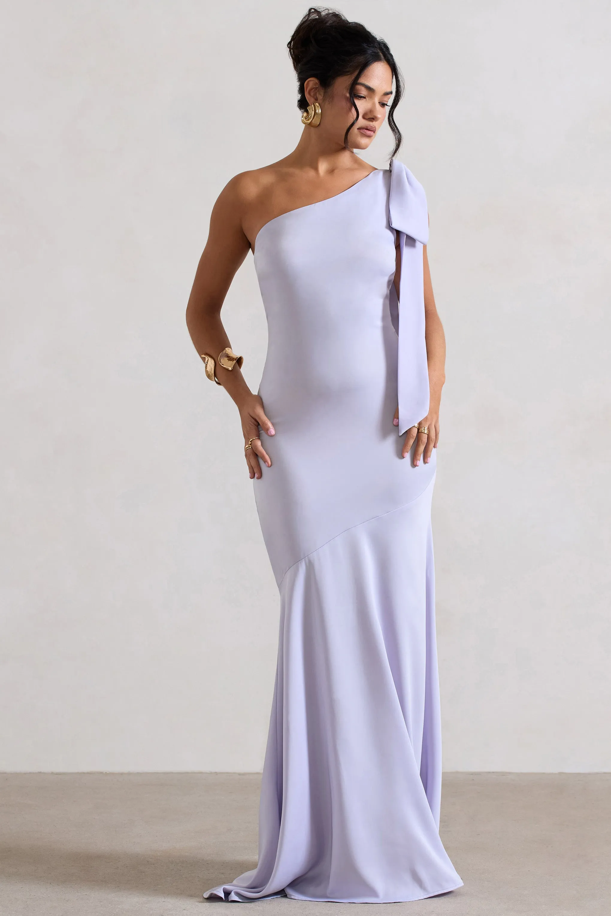 Here For Love | Lilac Satin Asymmetric Maxi Dress With Bow