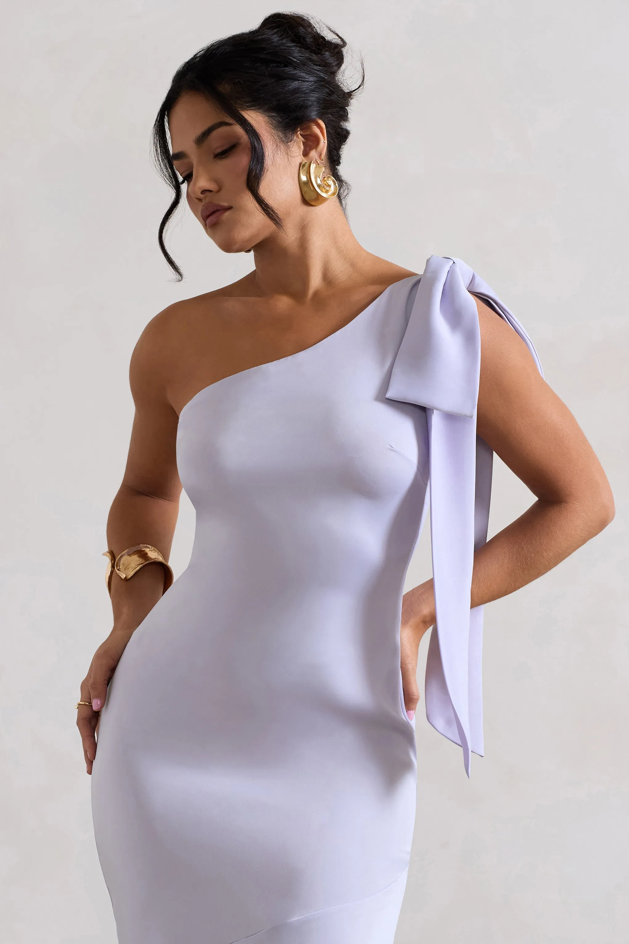 Here For Love | Lilac Satin Asymmetric Maxi Dress With Bow