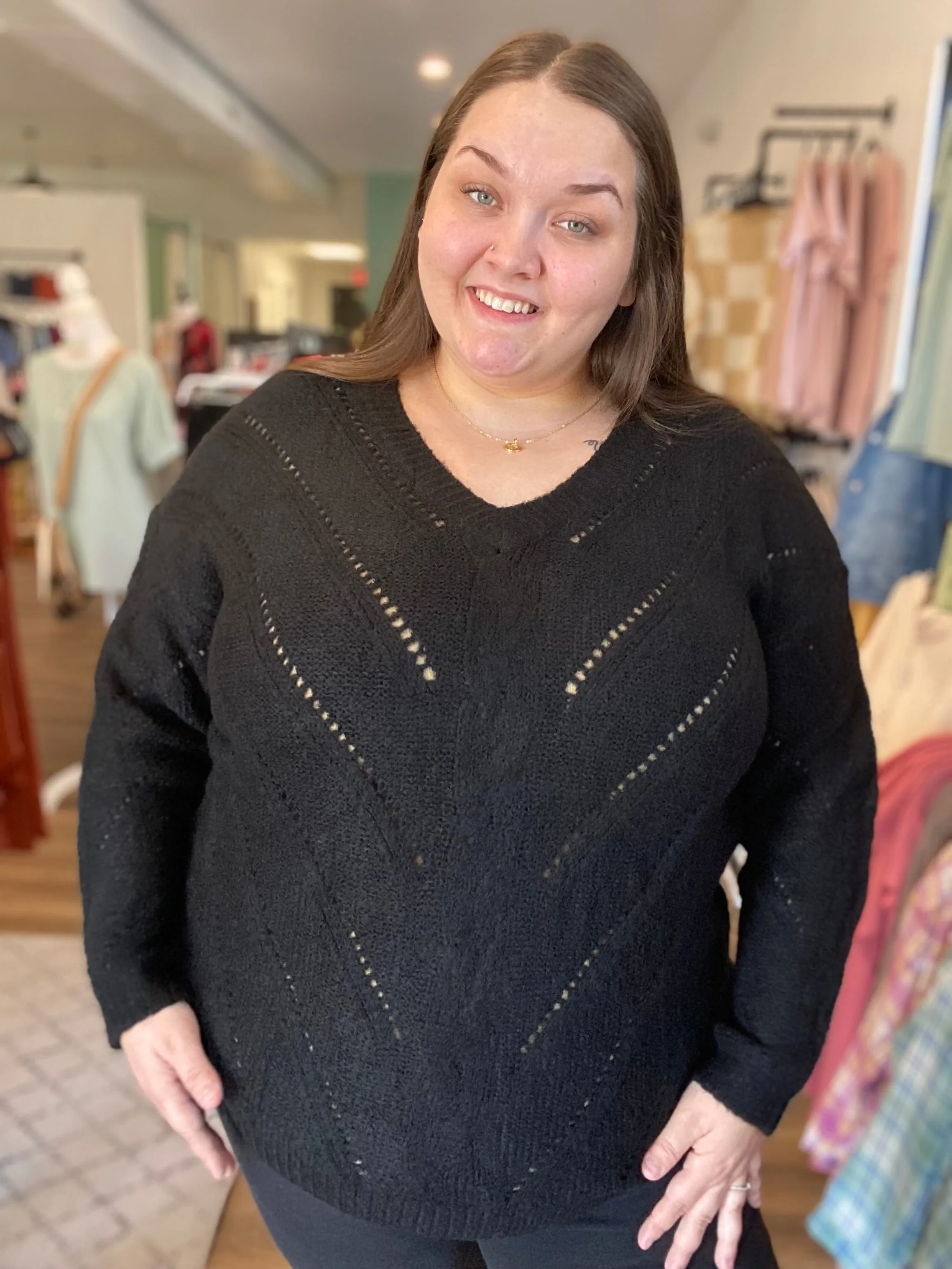 Kendra V-Neck Open Dot Sweater - Black