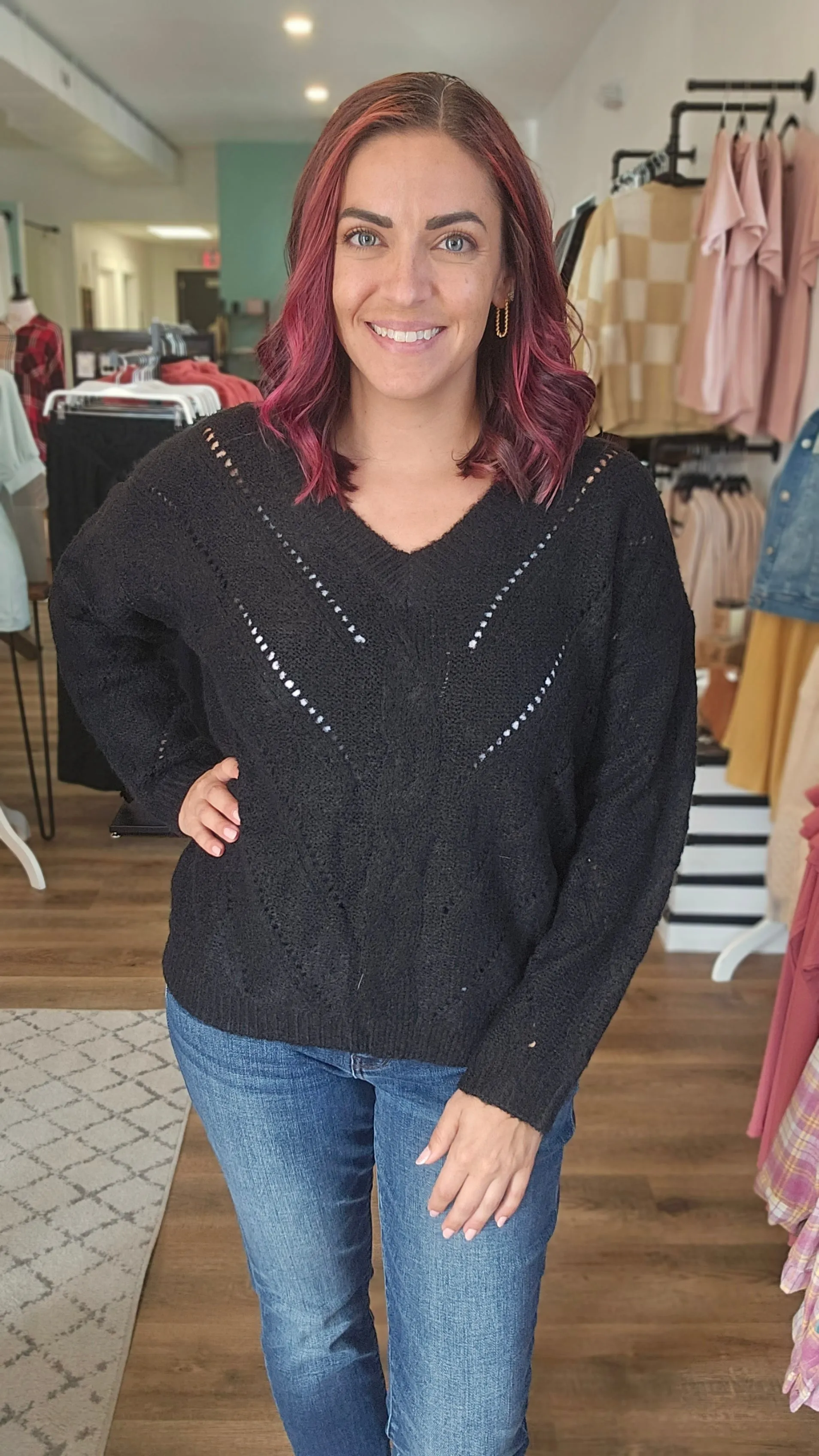 Kendra V-Neck Open Dot Sweater - Black