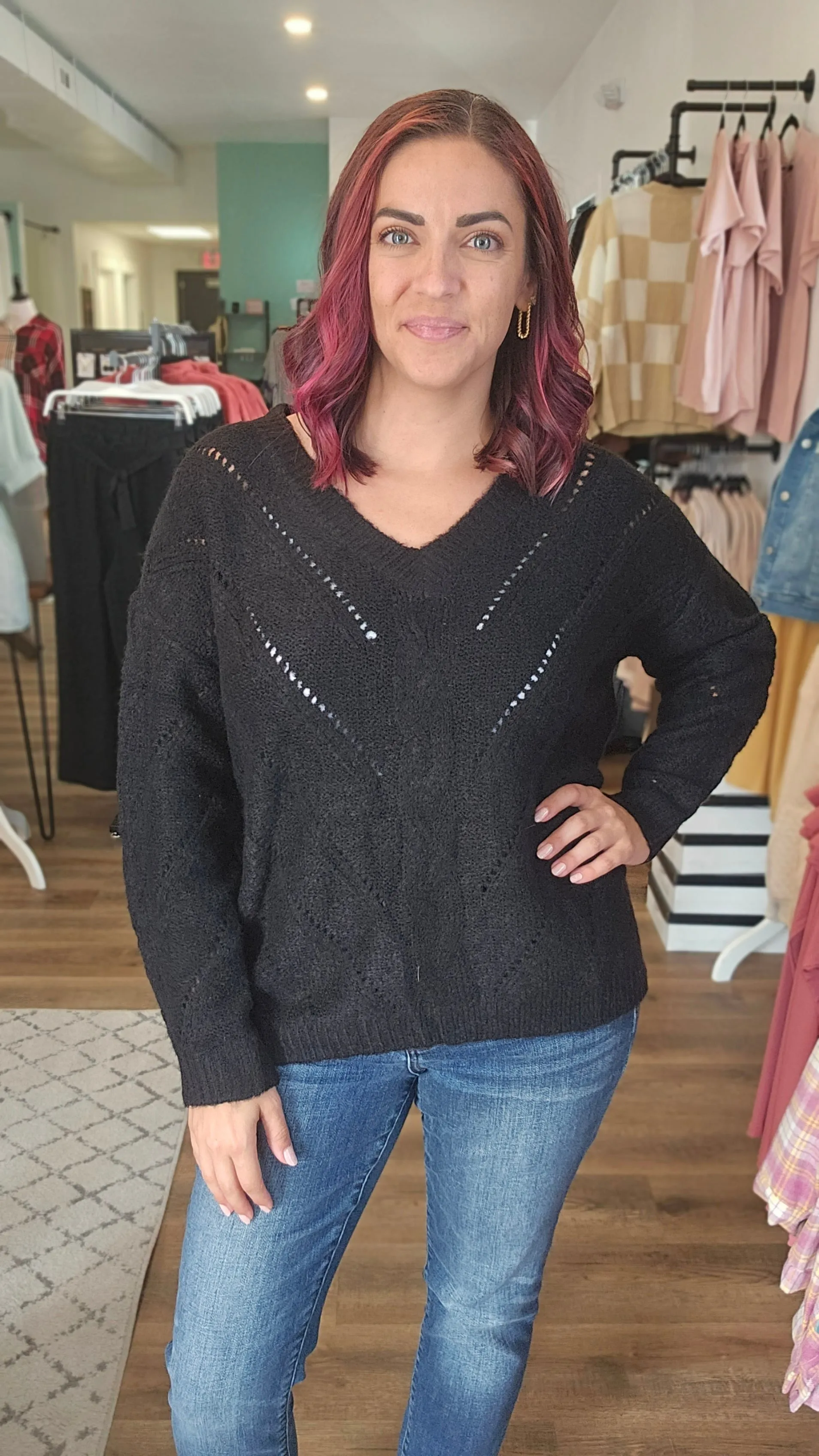 Kendra V-Neck Open Dot Sweater - Black