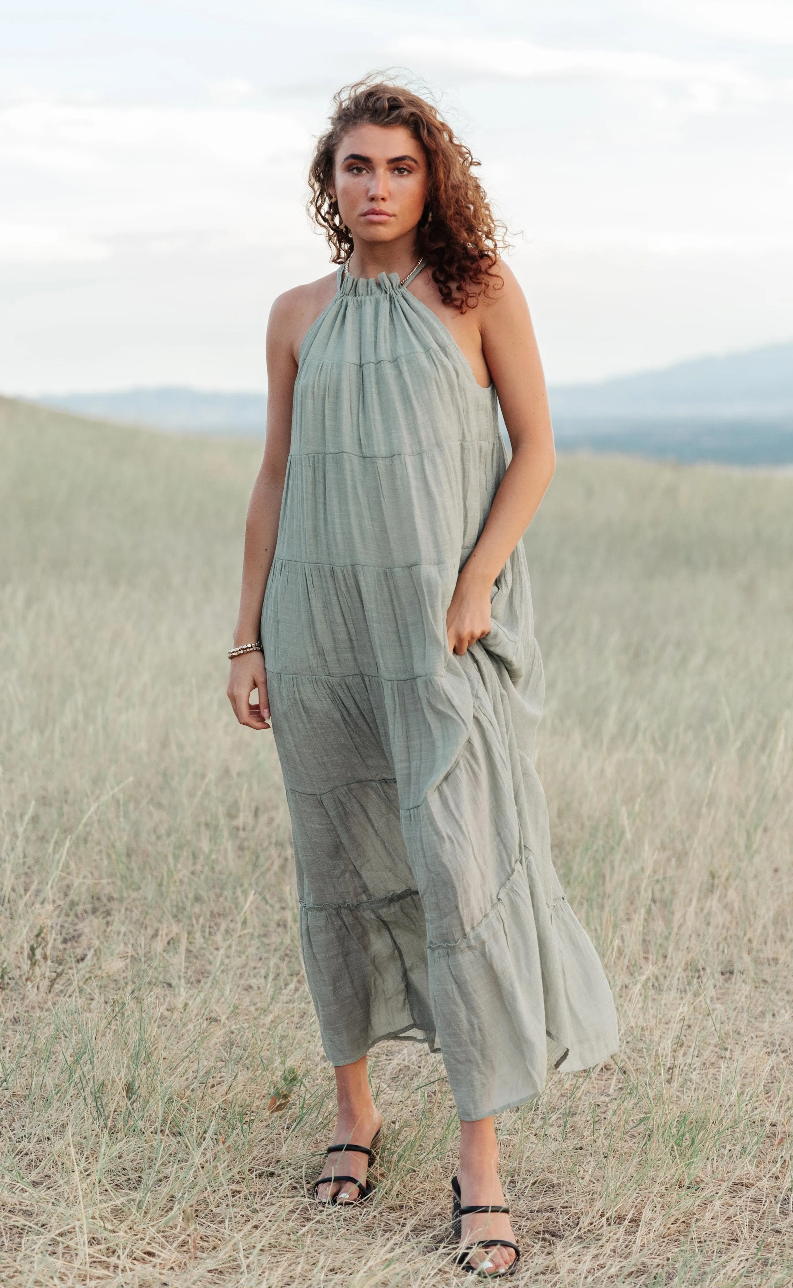 Mirella Halter Tiered Maxi Dress in Sage