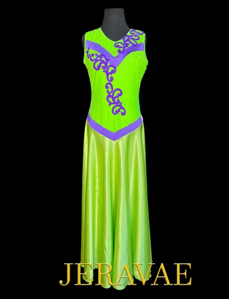 Neon Lime Green Sleeveless Smooth Ballroom Dress with Purple Lace Appliqué, Stones, Keyhole Back, and Soft Hem Sz S/M Smo213