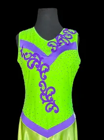 Neon Lime Green Sleeveless Smooth Ballroom Dress with Purple Lace Appliqué, Stones, Keyhole Back, and Soft Hem Sz S/M Smo213