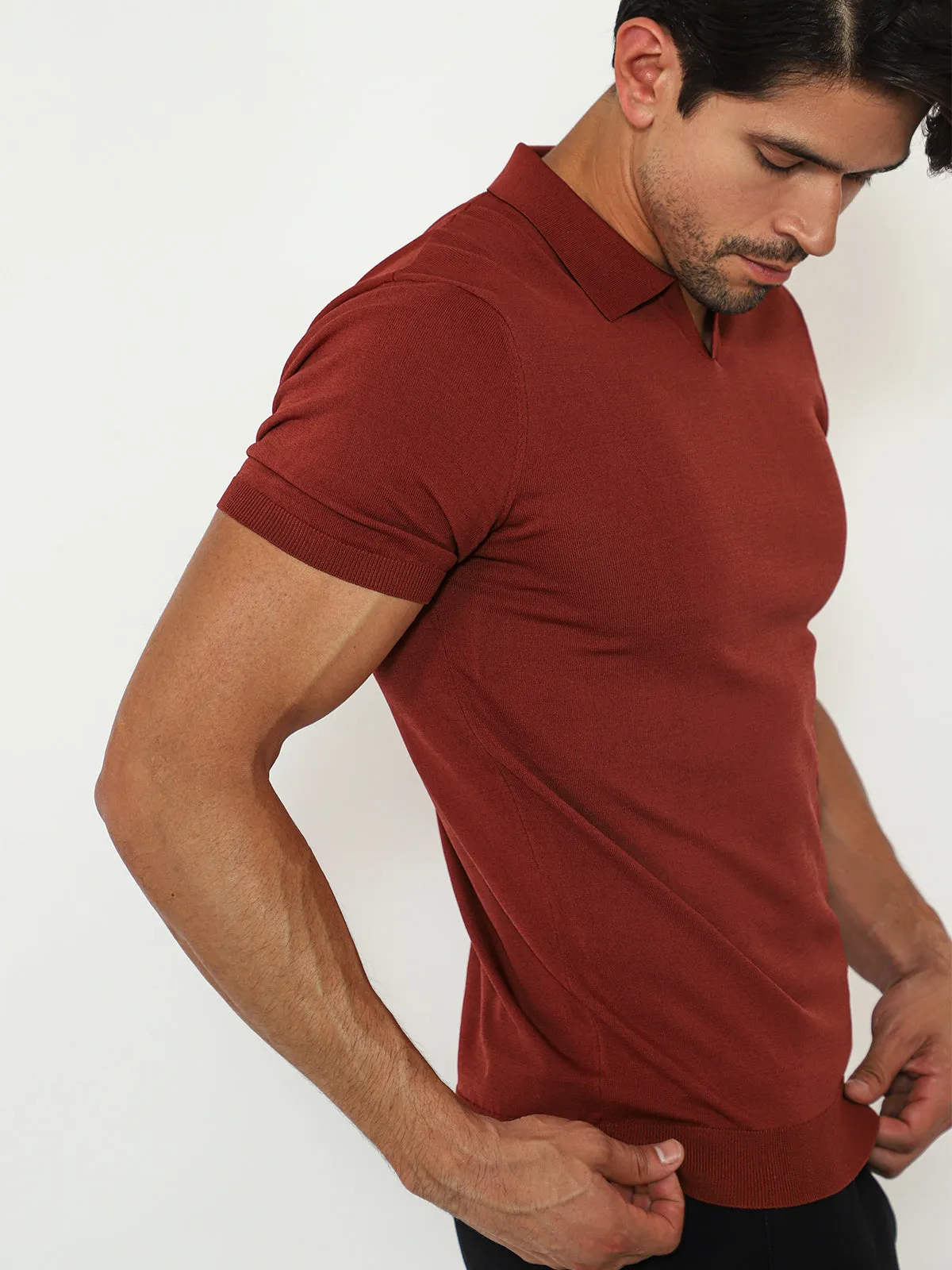 Open Collar Knit Polo Red Earth