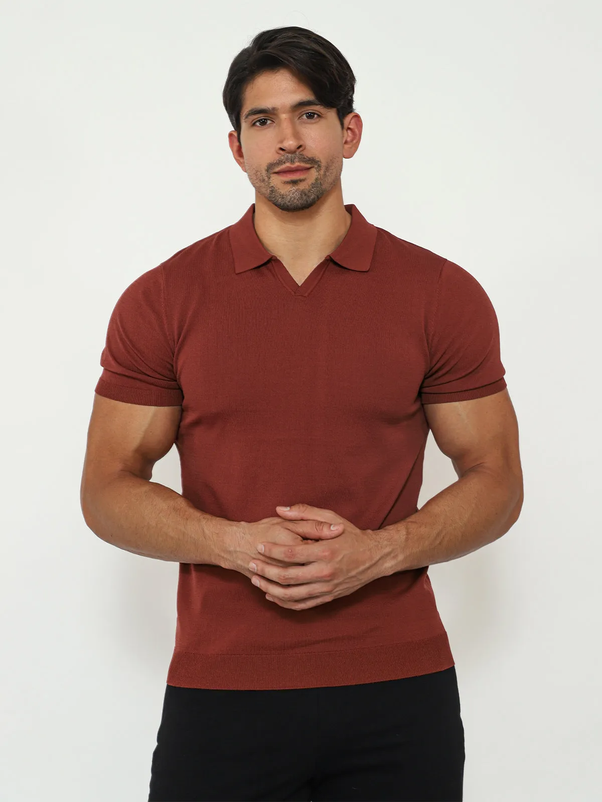 Open Collar Knit Polo Red Earth