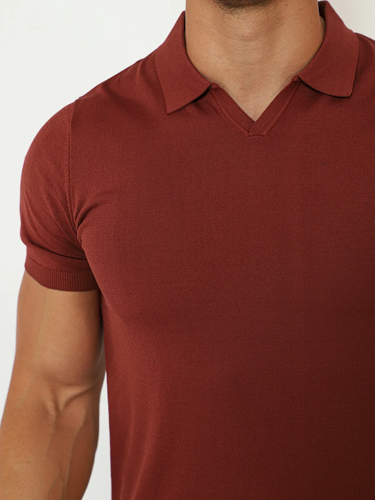 Open Collar Knit Polo Red Earth