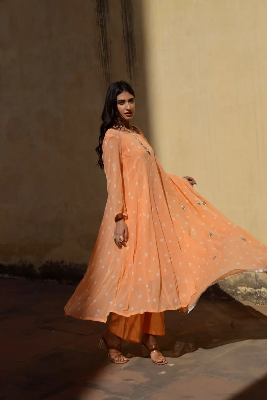 Peach tie and dye bhandhej anarkali