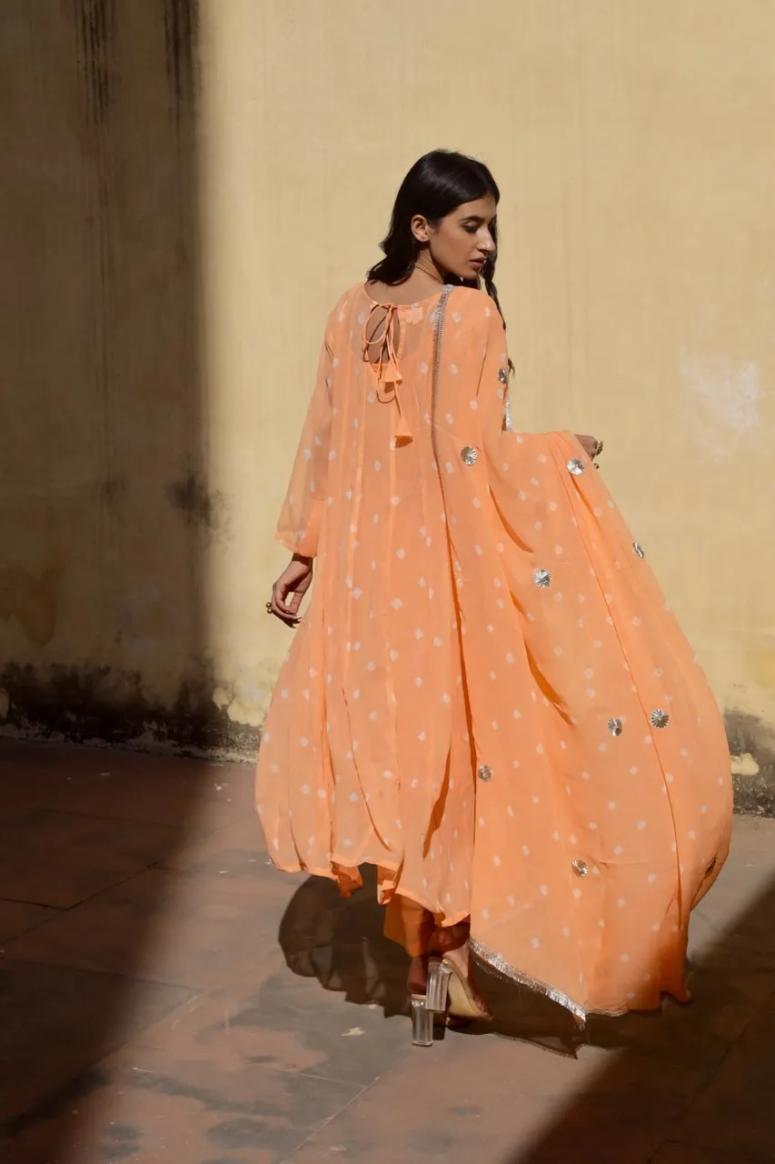 Peach tie and dye bhandhej anarkali