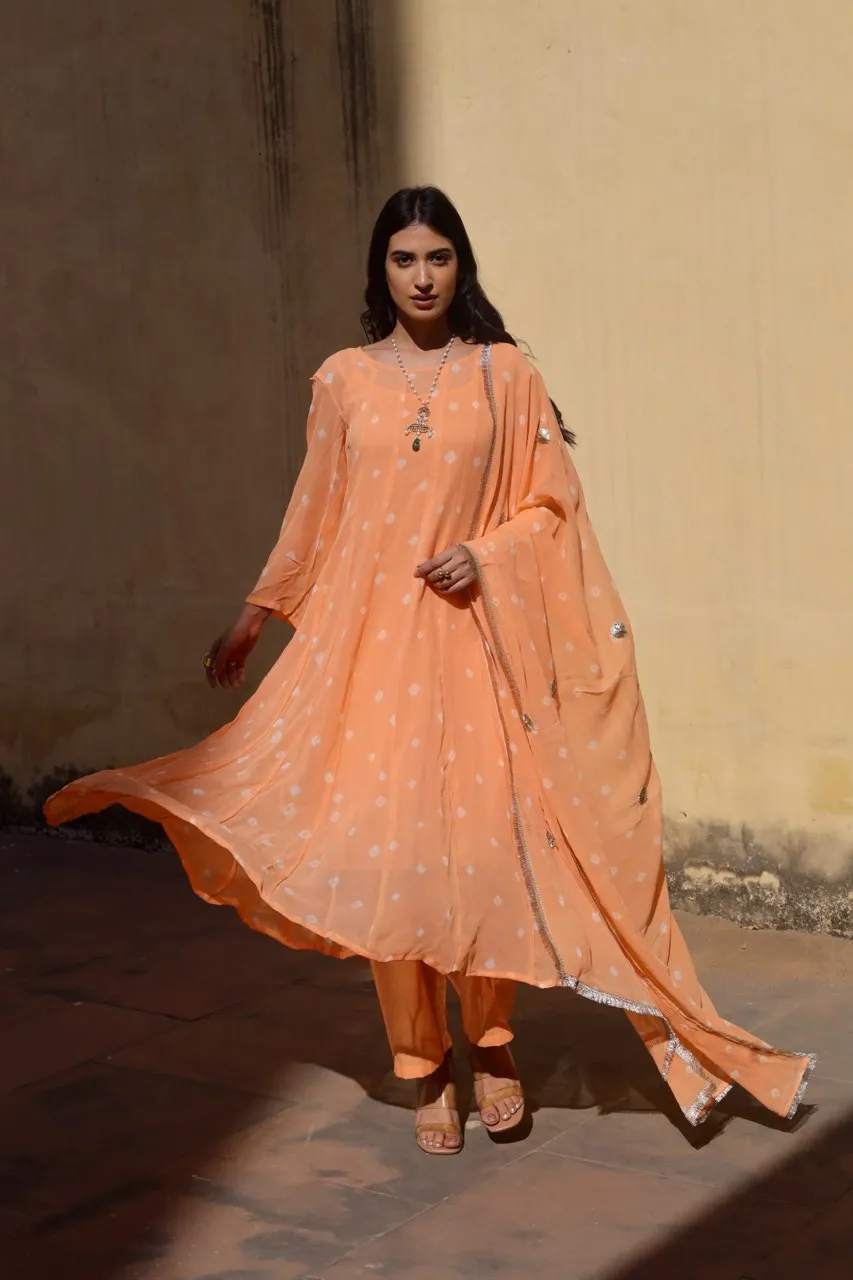 Peach tie and dye bhandhej anarkali