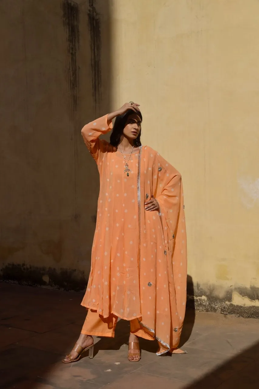 Peach tie and dye bhandhej anarkali