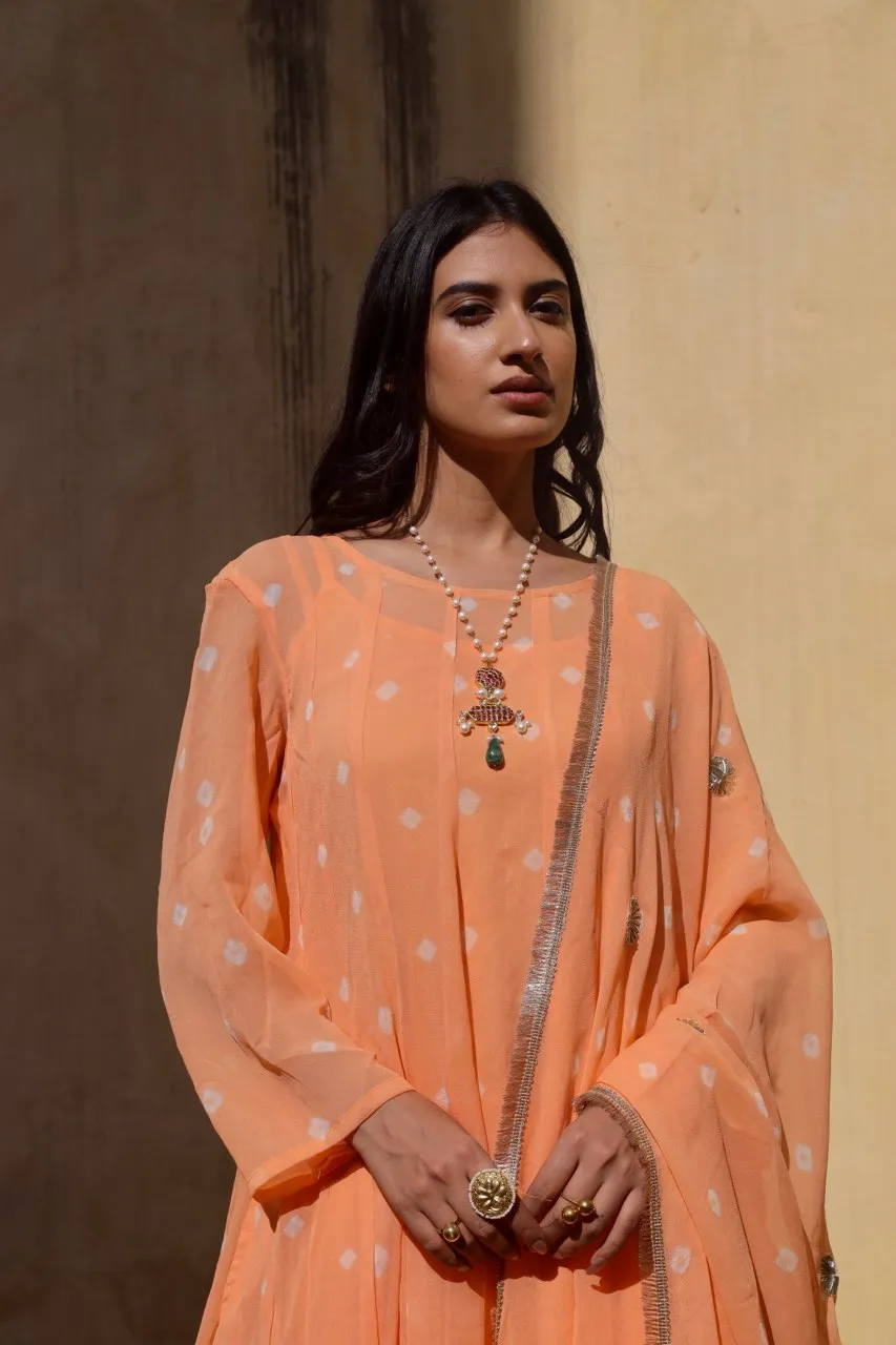 Peach tie and dye bhandhej anarkali