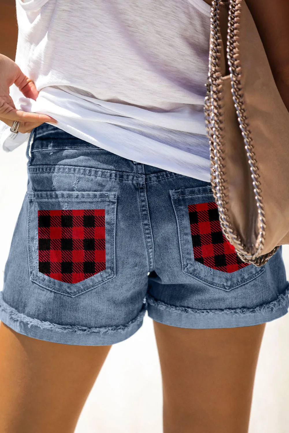 Plaid Denim Shorts Mid Rise Distressed Cuffed Jeans Shorts