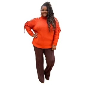 Plus Size Rust Turtles Neck Cutout Long Sleeve Sweater