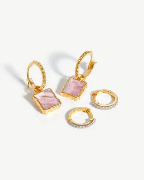 Pyramid Pave Huggies Earring Set | 18ct Gold Plated Vermeil/Rhodochrosite