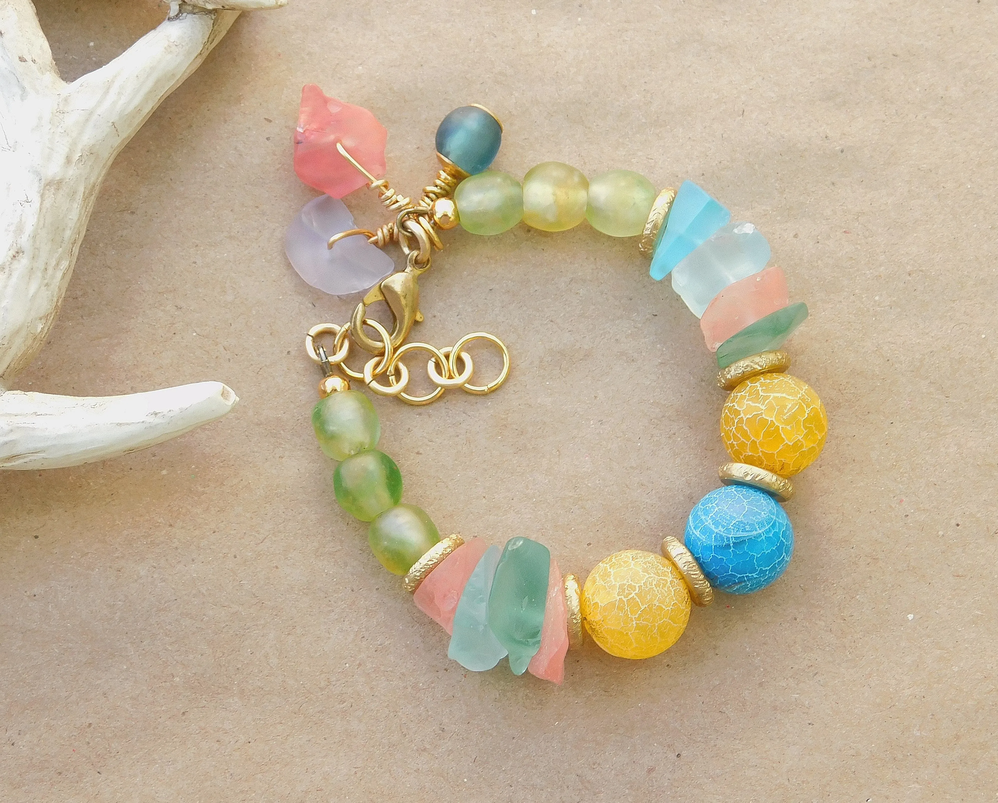 Stunning Sea Glass, Recycled Glass  and Colorful Matte Agate Bracelet