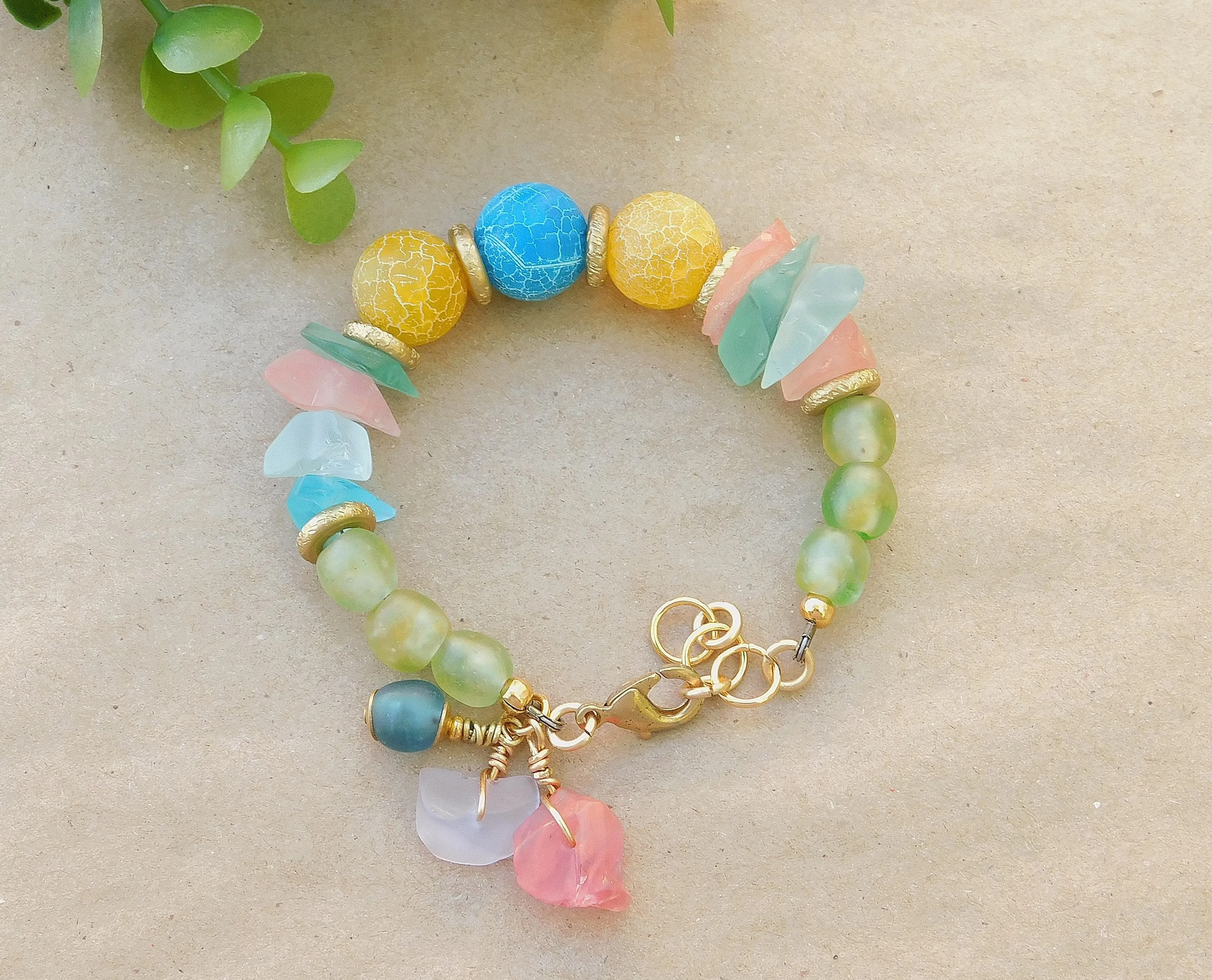 Stunning Sea Glass, Recycled Glass  and Colorful Matte Agate Bracelet