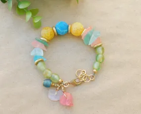 Stunning Sea Glass, Recycled Glass  and Colorful Matte Agate Bracelet