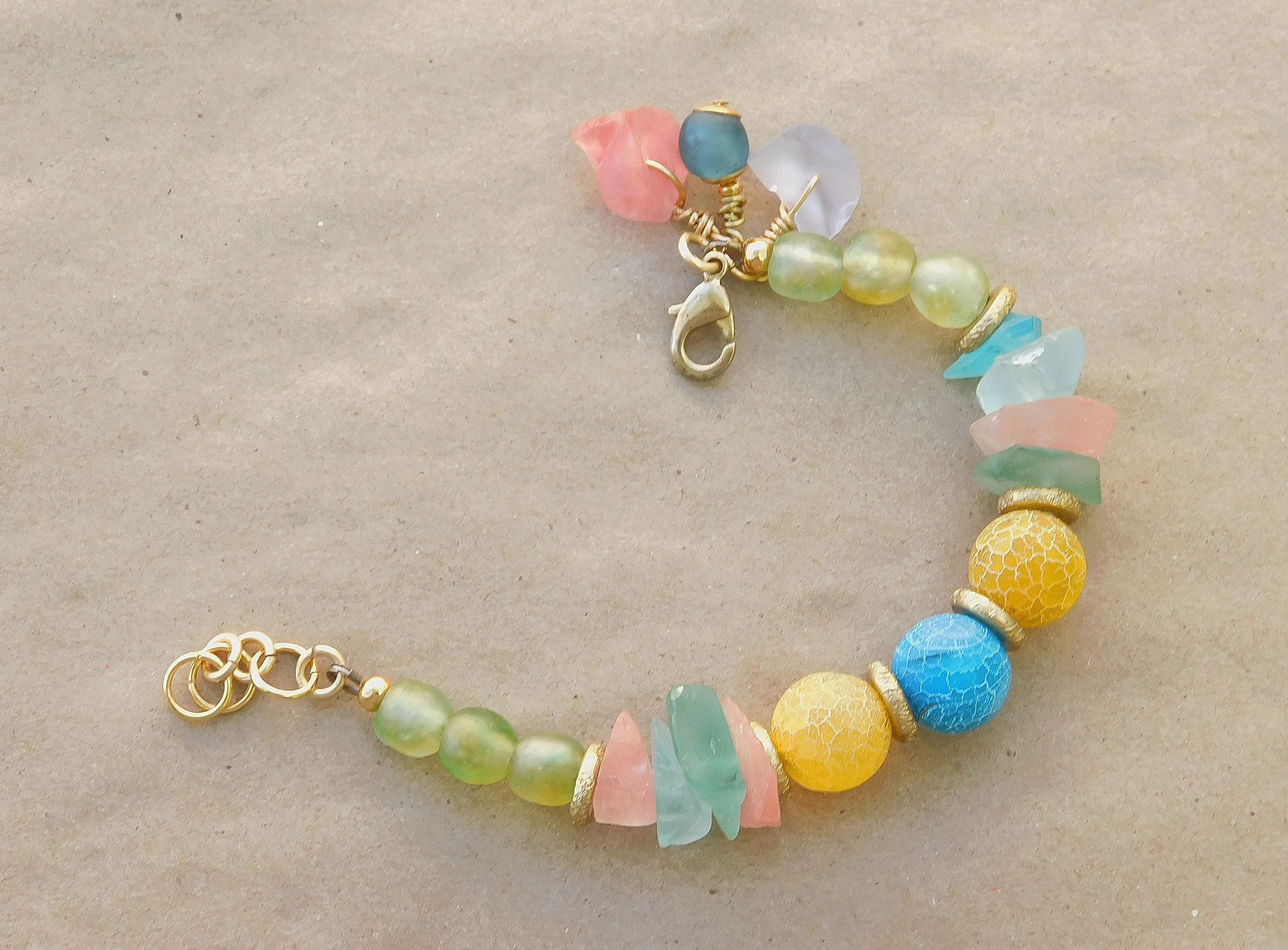 Stunning Sea Glass, Recycled Glass  and Colorful Matte Agate Bracelet