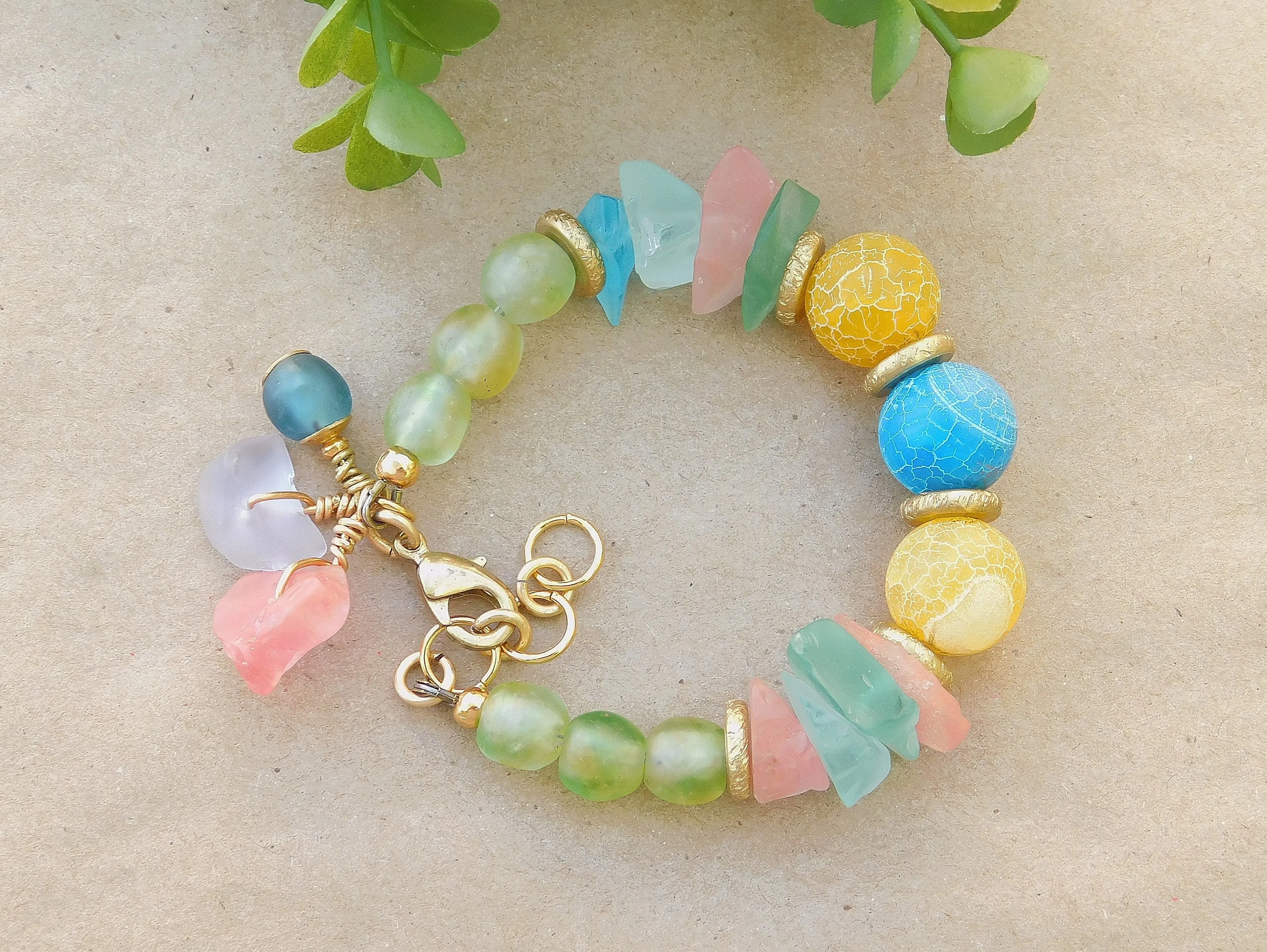 Stunning Sea Glass, Recycled Glass  and Colorful Matte Agate Bracelet