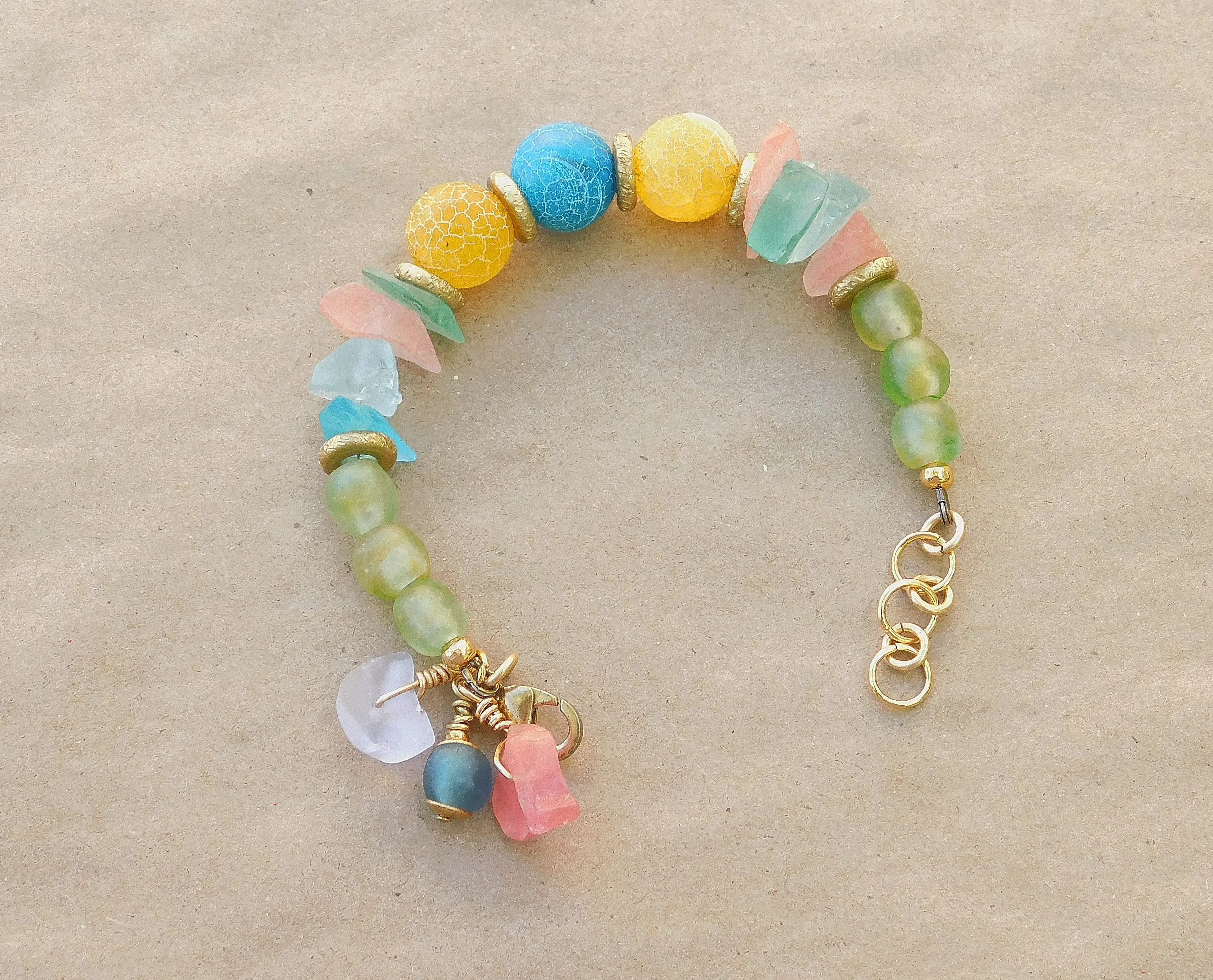 Stunning Sea Glass, Recycled Glass  and Colorful Matte Agate Bracelet