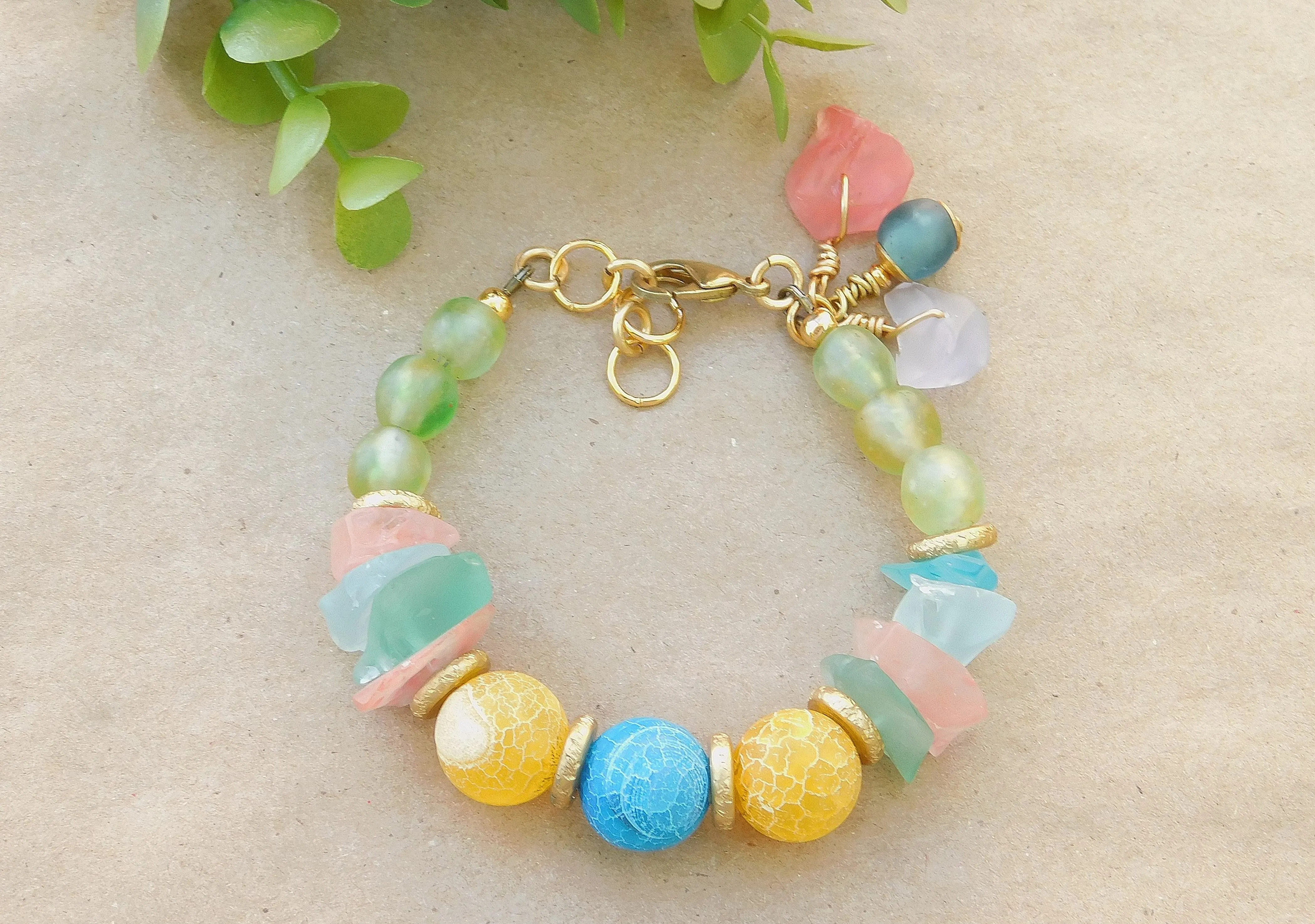 Stunning Sea Glass, Recycled Glass  and Colorful Matte Agate Bracelet