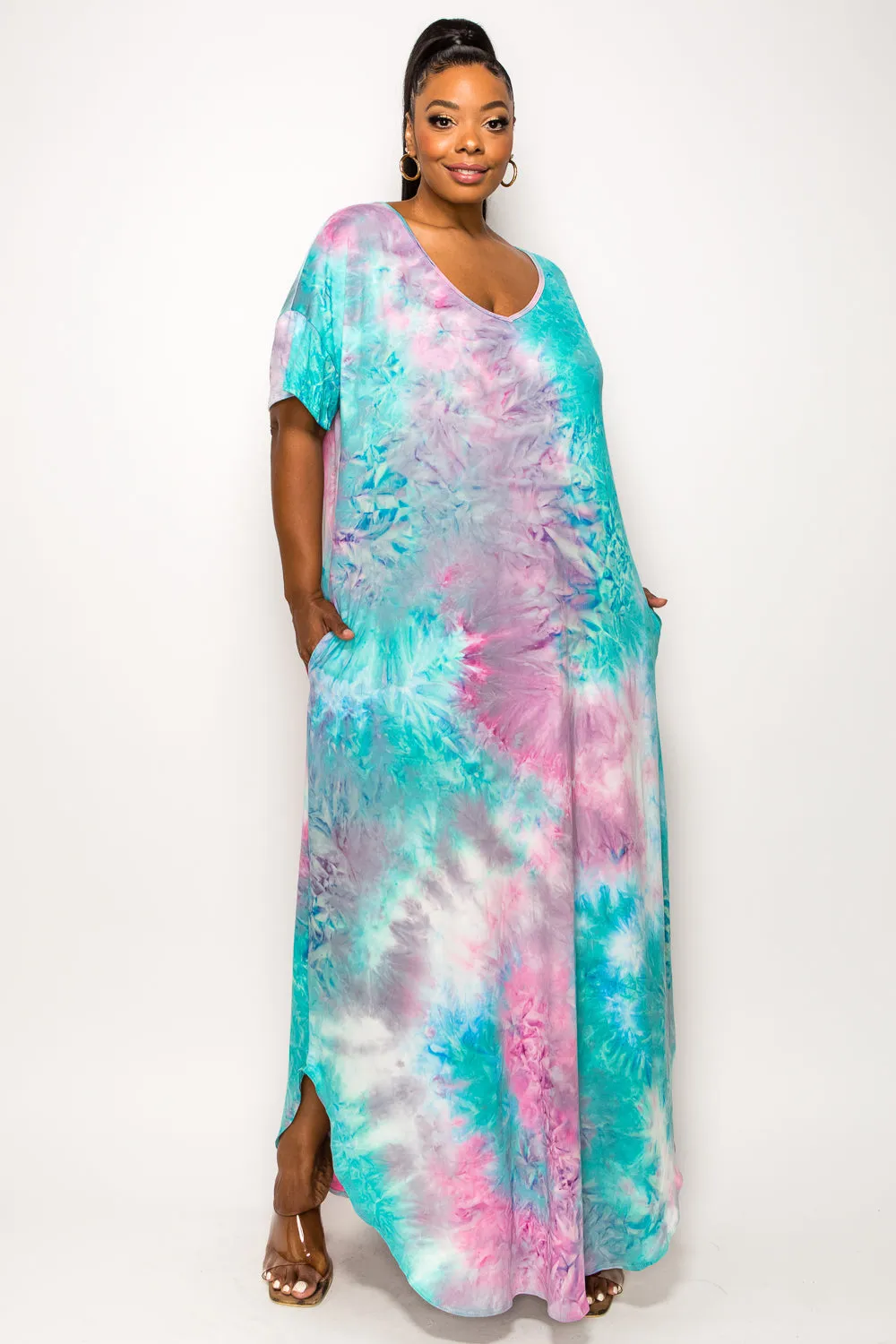 Tie Dye Short Sleeve Maxi Dress