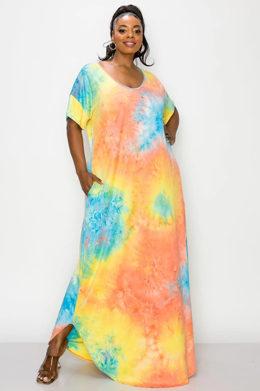 Tie Dye Short Sleeve Maxi Dress