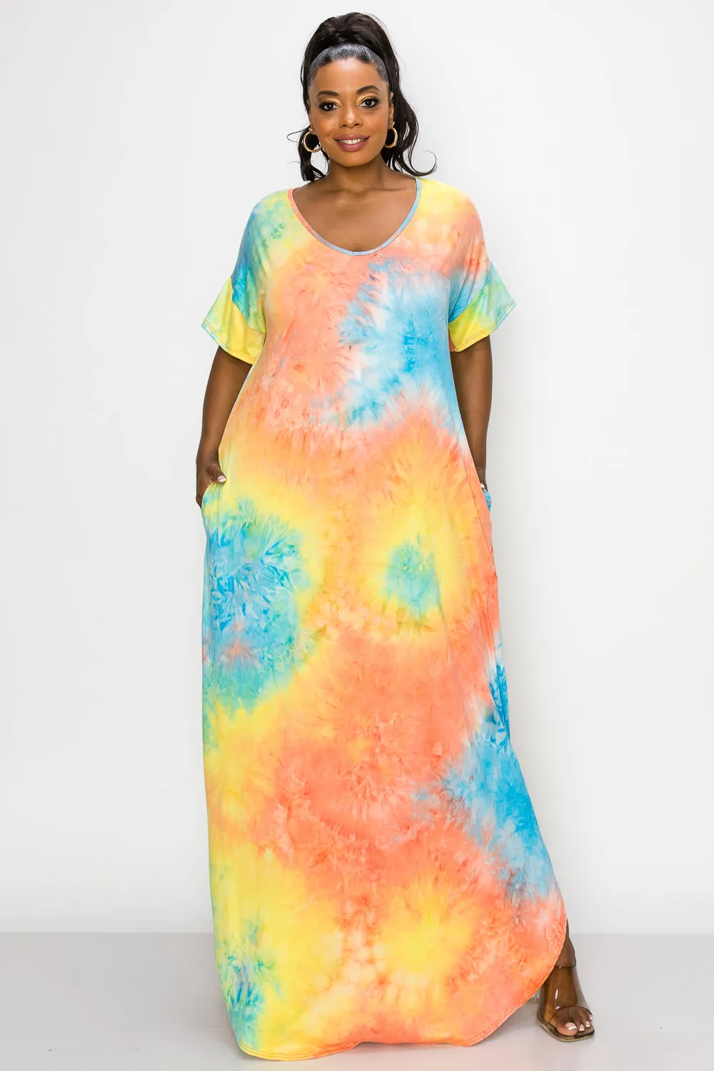 Tie Dye Short Sleeve Maxi Dress