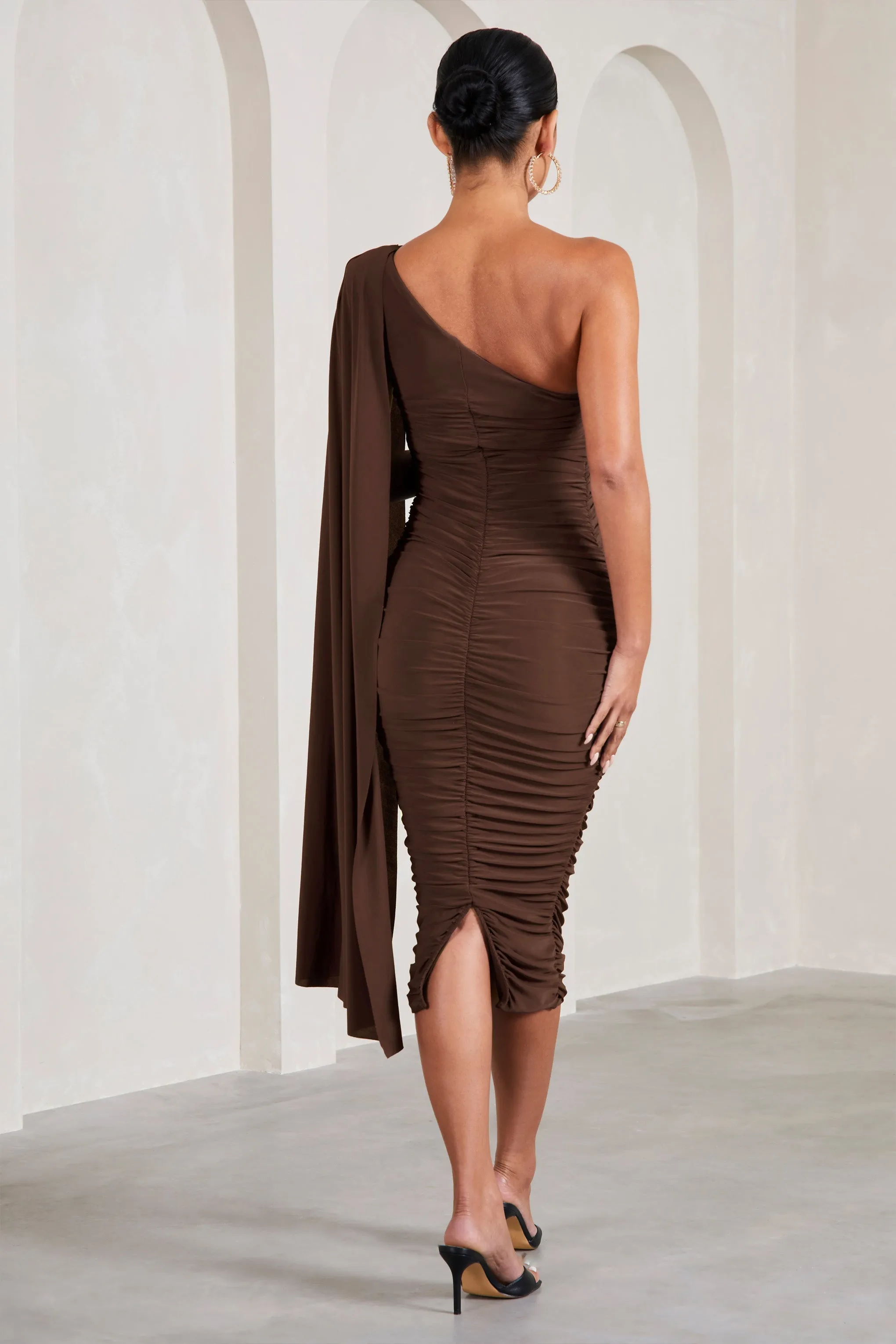 Yara | Chocolate Maternity One Sleeve Ruched Maternity Midi Dress with Cape Sleeve